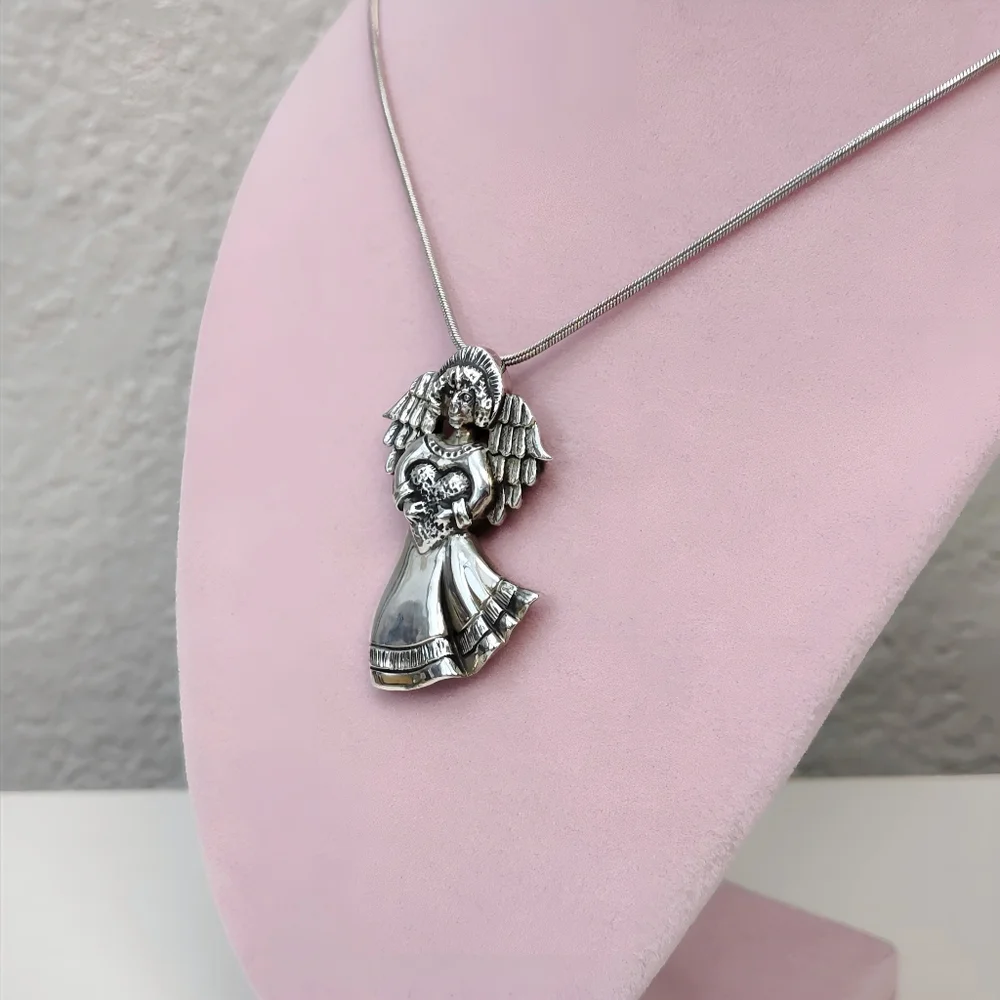 Vintage Sterling Silver Large Angel Brooch Pin Necklace Pendant with 20" Chain - Picture 3 of 15